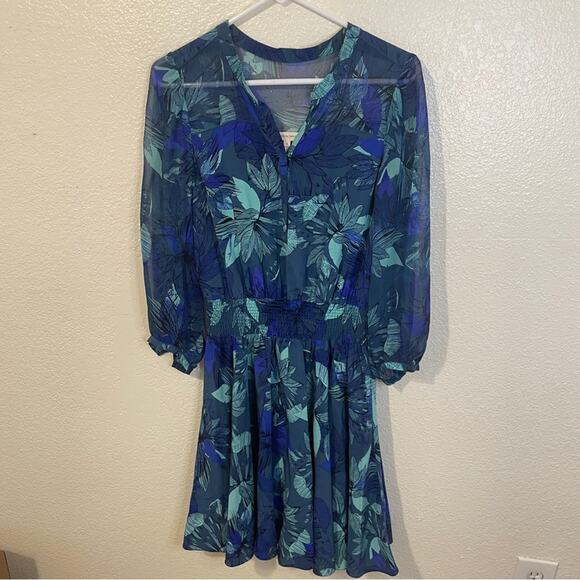 Rebecca Taylor Smocked Tahitian Flower 100% Silk Chiffon Dress Blue Floral Sz 4 - Picture 5 of 11